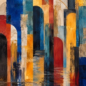May include: An abstract painting featuring vertical rectangular blocks and arched shapes in vibrant shades of blue, red, yellow, and black. The composition includes textured paint applications and gold accents, creating a layered effect with reflections at the bottom.