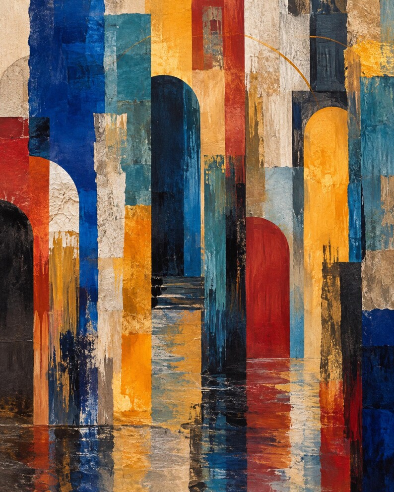 May include: An abstract painting featuring vertical rectangular blocks and arched shapes in vibrant shades of blue, red, yellow, and black. The composition includes textured paint applications and gold accents, creating a layered effect with reflections at the bottom.