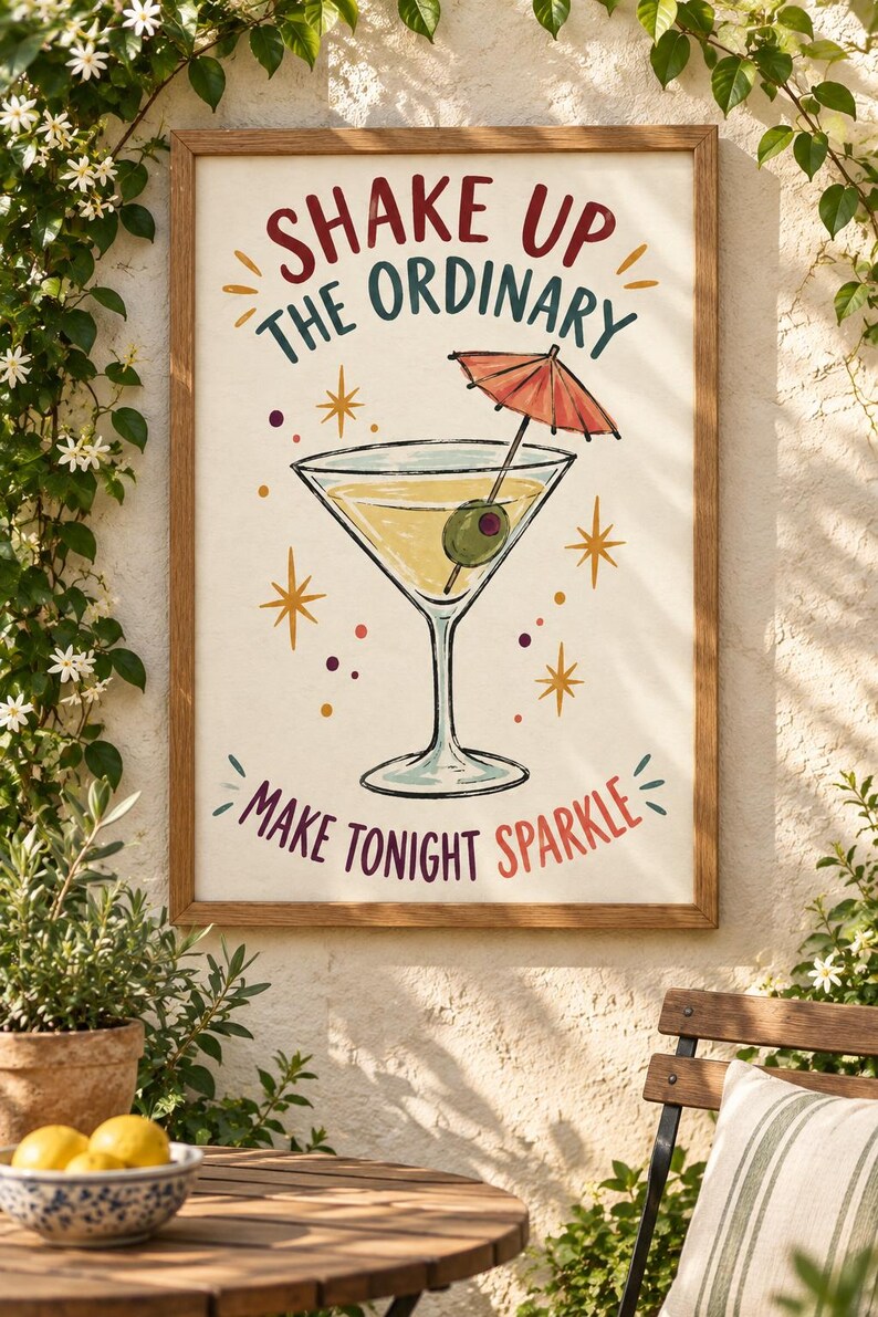 May include: A framed rectangular wall art print featuring a martini glass with an olive and a small red cocktail umbrella. The text reads SHAKE UP THE ORDINARY and MAKE TONIGHT SPARKLE in red and dark green, surrounded by yellow starburst accents.