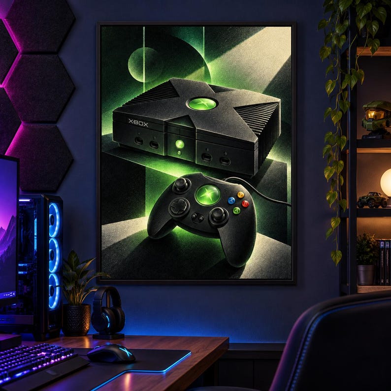 May include: A framed wall art print featuring a black original Xbox console and a matching controller. The design showcases the iconic green glowing X logo on both the console and the controller, set against a dark background with green light.
