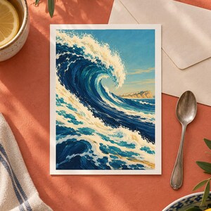 May include: A rectangular art print featuring a vibrant painting of a large, curling ocean wave in shades of deep blue, turquoise, and white foam. The background shows a distant coastline under a clear blue sky, capturing a dynamic seascape scene.