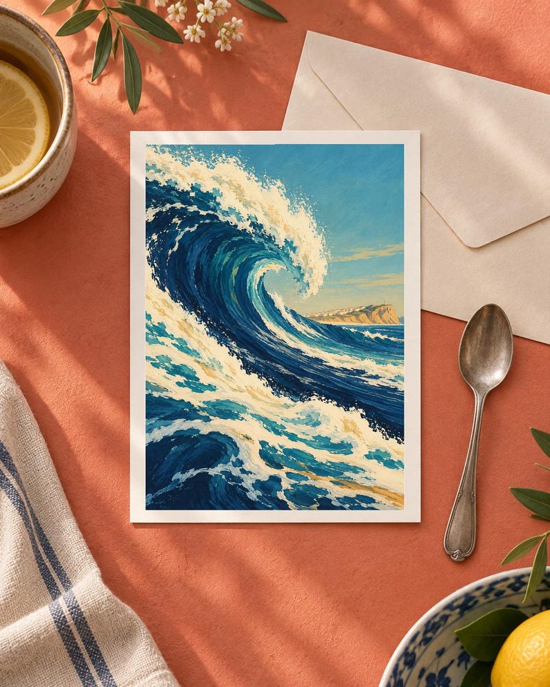 May include: A rectangular art print featuring a vibrant painting of a large, curling ocean wave in shades of deep blue, turquoise, and white foam. The background shows a distant coastline under a clear blue sky, capturing a dynamic seascape scene.