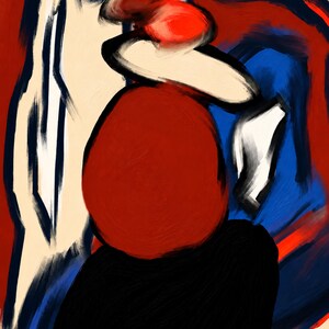 May include: An abstract digital painting featuring bold, expressive brushstrokes in primary colors. The composition includes a large central red oval shape, a solid black base, and sweeping areas of deep blue, cream, and bright red against a light background.