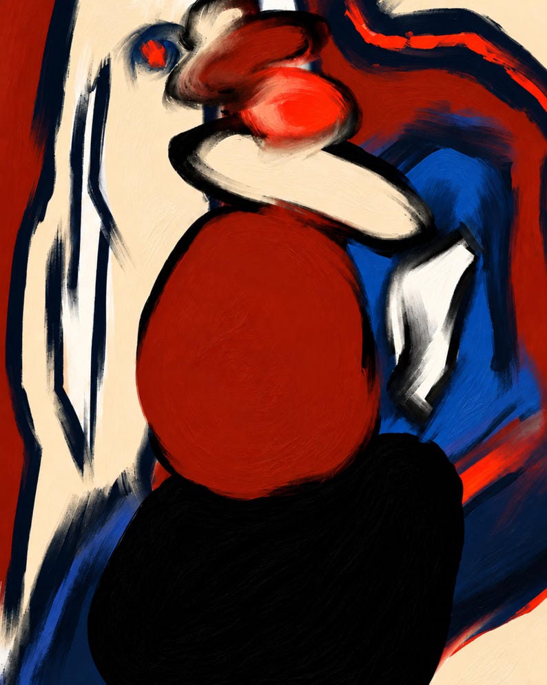 May include: An abstract digital painting featuring bold, expressive brushstrokes in primary colors. The composition includes a large central red oval shape, a solid black base, and sweeping areas of deep blue, cream, and bright red against a light background.