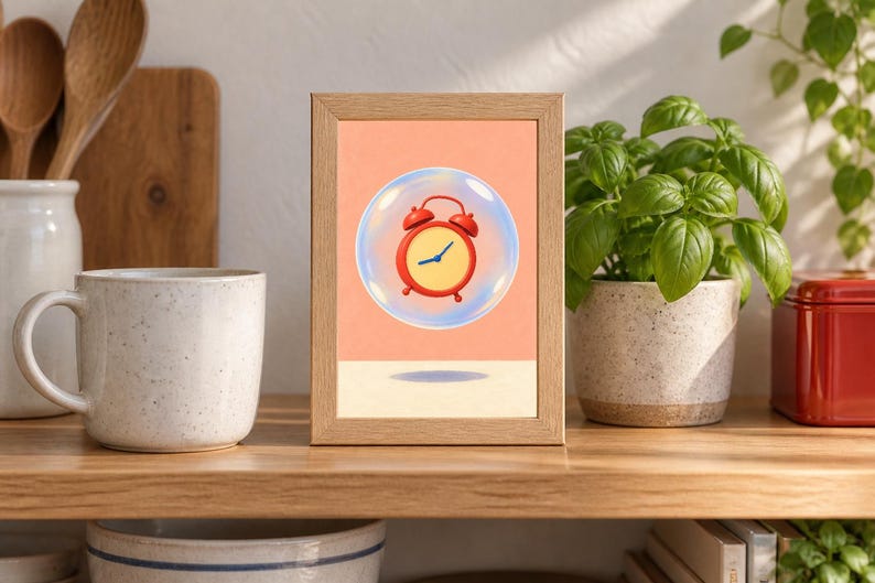 May include: A rectangular wooden frame containing a print of a red twin-bell alarm clock floating inside a transparent bubble against a solid peach-colored background. The clock features a round red face with blue hands and a small shadow below.
