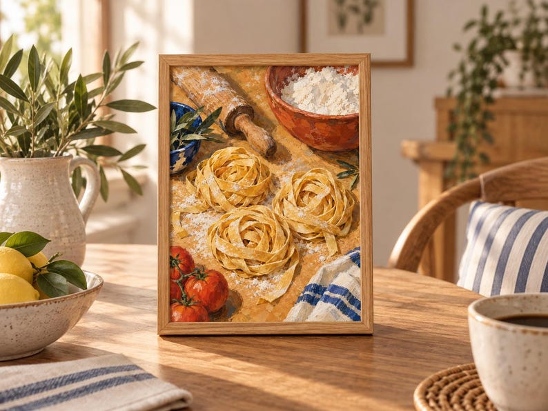 May include: A framed painting depicting three nests of fresh pasta on a wooden surface dusted with flour. The scene includes a wooden rolling pin, a bowl of flour, three red tomatoes, and a blue and white striped cloth in a warm, rustic style.