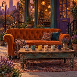 May include: A tufted orange velvet sofa sits before a weathered teal wooden coffee table holding six ceramic mugs. A patterned throw blanket rests on the sofa, which is placed on a patterned rug. The text Friends 1994 appears at the bottom.