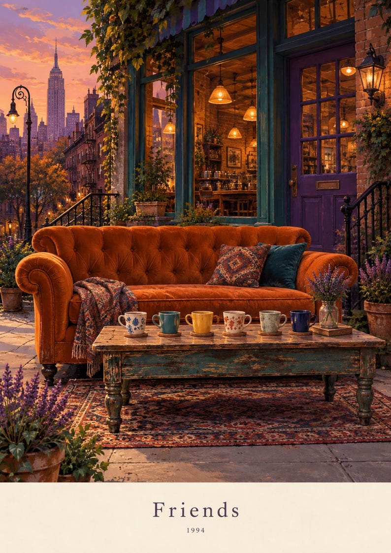 May include: A tufted orange velvet sofa sits before a weathered teal wooden coffee table holding six ceramic mugs. A patterned throw blanket rests on the sofa, which is placed on a patterned rug. The text Friends 1994 appears at the bottom.