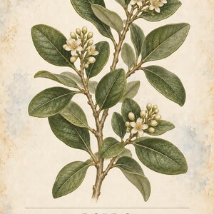 Op de afbeelding: Een botanische illustratie van een Boldo-plant op verouderd papier. De tekst luidt HERBARIUM MEDICINAL PLANTS 30 / 40, BOLDO, Peumus boldus en A South American tree with oval, aromatic evergreen leaves and a distinctly textured surface.