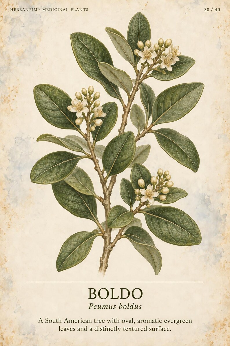 Op de afbeelding: Een botanische illustratie van een Boldo-plant op verouderd papier. De tekst luidt HERBARIUM MEDICINAL PLANTS 30 / 40, BOLDO, Peumus boldus en A South American tree with oval, aromatic evergreen leaves and a distinctly textured surface.