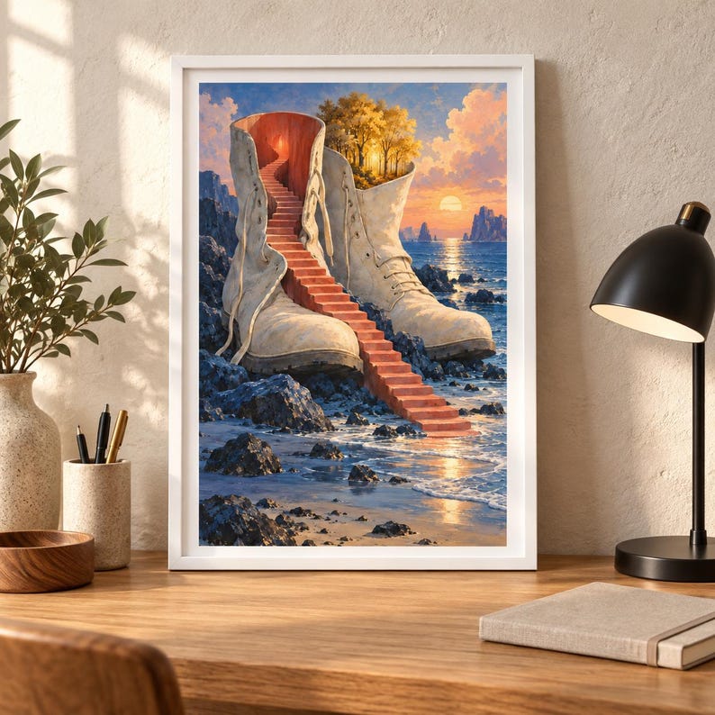 May include: A framed wall art print depicting a surreal landscape where a giant, weathered white boot sits on a rocky shoreline. A staircase leads up into the boot, which contains a forest. The background shows a sunset over the ocean.