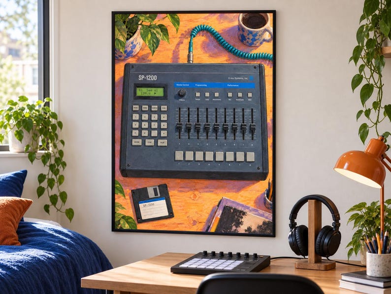 May include: A framed wall art print depicting a dark gray E-mu Systems SP-1200 sampler with a teal coiled cable, a digital display, multiple sliders, and a numeric keypad. A black floppy disk is positioned below the sampler on an orange surface.