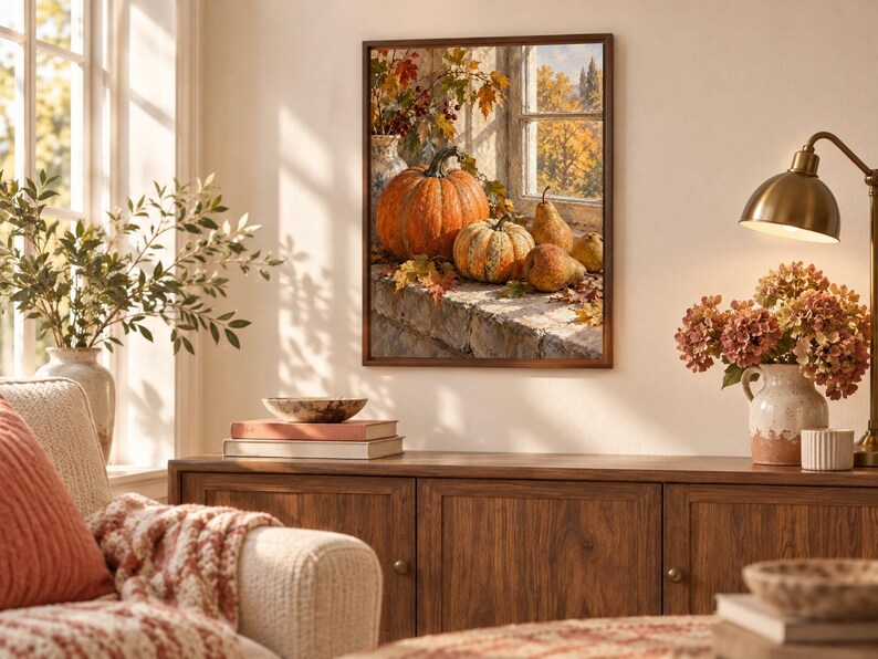 May include: A framed wall art print depicting a still life scene of orange pumpkins, gourds, and pears resting on a stone windowsill. The image features autumn foliage and a window view of trees with golden leaves, all enclosed in a dark wood frame.