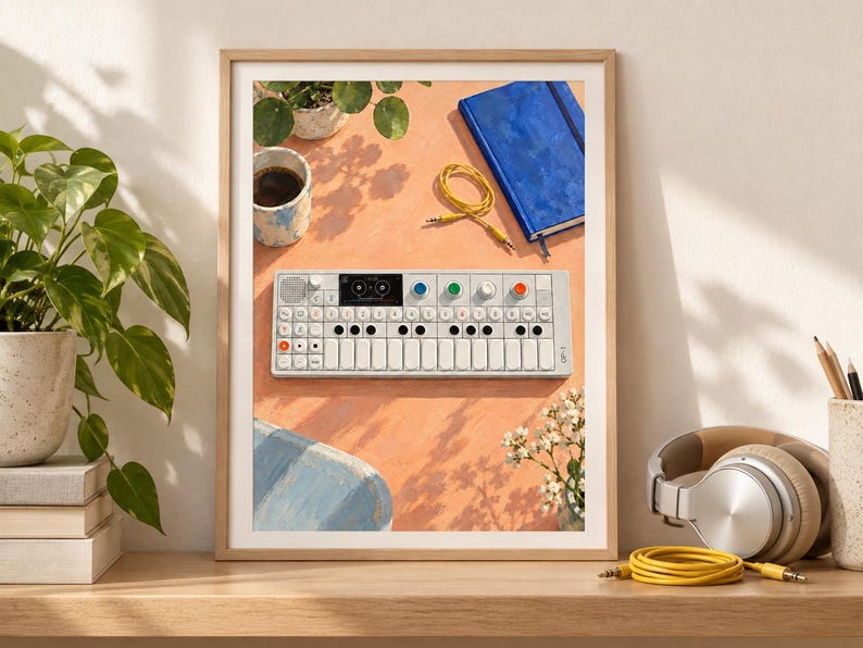 Pu&ograve; includere: Una stampa artistica incorniciata che mostra un sintetizzatore portatile bianco con schermo nero, manopole colorate e una tastiera. Il sintetizzatore &egrave; posizionato su una superficie color pesca insieme a un taccuino blu, un cavo audio giallo e una tazza di caff&egrave;.