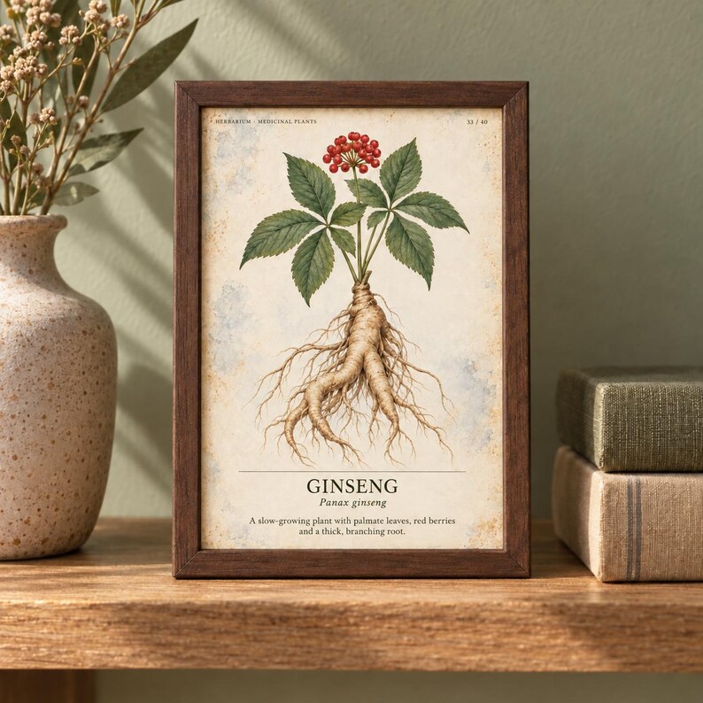 Może przedstawiać: Oprawiona rycina botaniczna przedstawiająca szczeg&oacute;łową ilustrację żeń-szenia z zielonymi liśćmi, czerwonymi jagodami i grubym korzeniem. Tekst zawiera napis GINSENG, Panax ginseng oraz opis rośliny. Rama wykonana jest z ciemnobrązowego drewna.