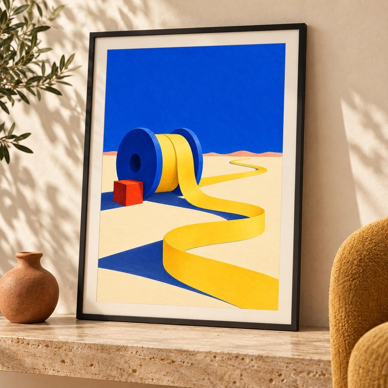 Op de afbeelding: Een ingelijste kunstdruk met een surrealistisch landschap met een grote blauwe spoel die een lang geel lint afrolt over een beige woestijnbodem. Een kleine rode kubus staat naast de spoel onder een helderblauwe lucht.