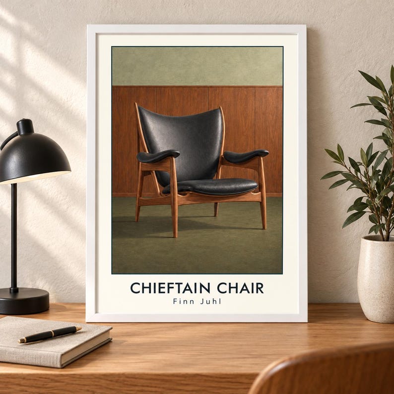 May include: A framed wall art print featuring a black leather armchair with a wooden frame. The text CHIEFTAIN CHAIR and Finn Juhl is printed in black at the bottom. The print is displayed in a white frame on a wooden desk surface.