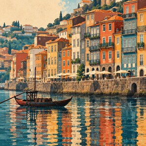 May include: A wooden boat with barrels sits on calm water in front of a row of colorful buildings along a stone embankment. The multi-story structures feature orange, yellow, and blue facades with balconies, while white umbrellas line the waterfront.