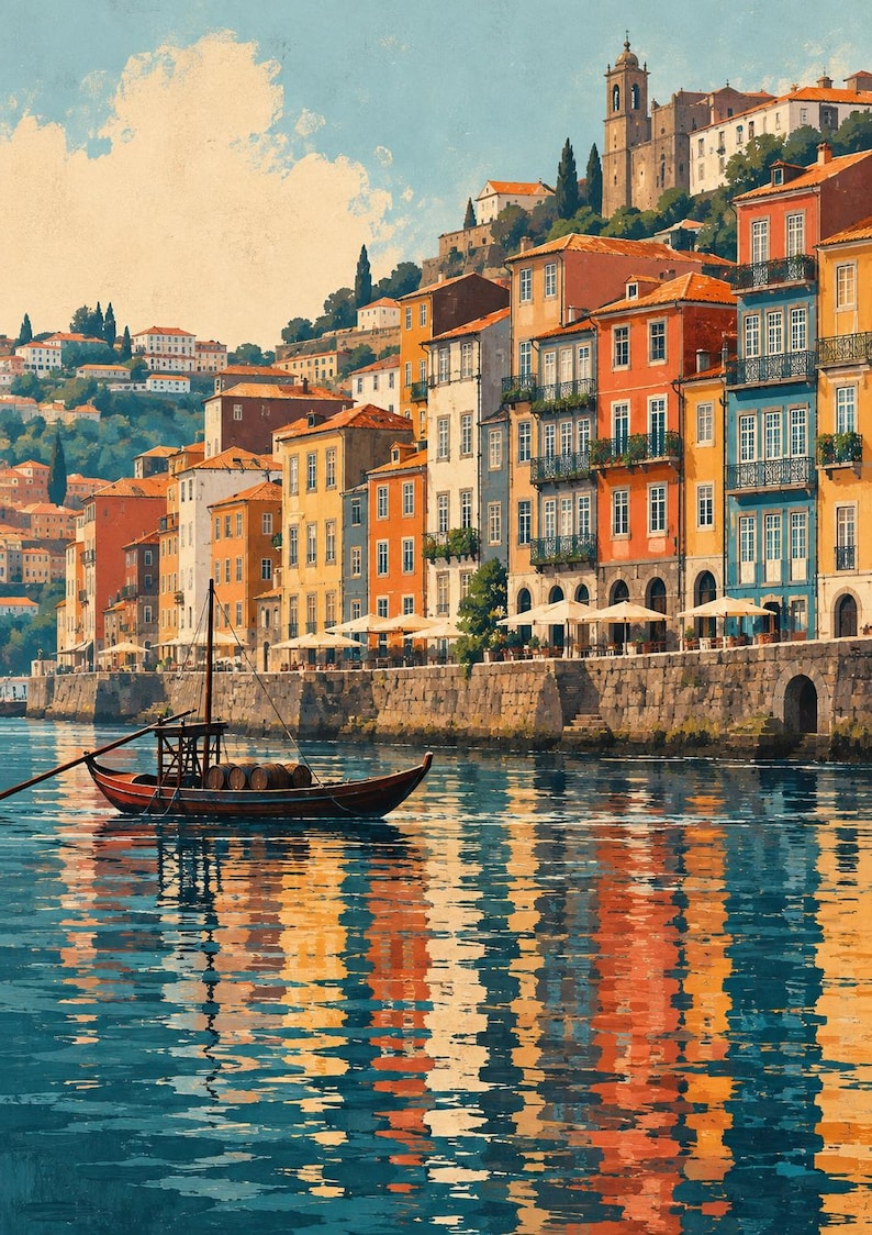 May include: A wooden boat with barrels sits on calm water in front of a row of colorful buildings along a stone embankment. The multi-story structures feature orange, yellow, and blue facades with balconies, while white umbrellas line the waterfront.