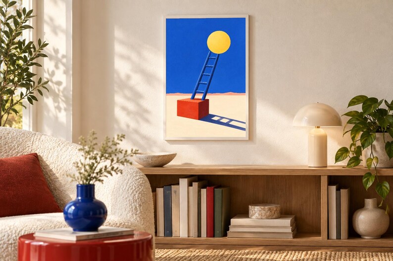 May include: A framed wall art print featuring a vibrant blue sky above a beige desert landscape. A red cube sits on the sand, supporting a blue ladder that reaches toward a large, bright yellow circle representing the sun in the upper center.