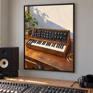 May include: A framed wall art print depicting a vintage Moog synthesiser with a wooden chassis, black control panel, and white keys. The synthesiser sits on a wooden desk next to a yellow audio cable, with a potted plant visible in the background.