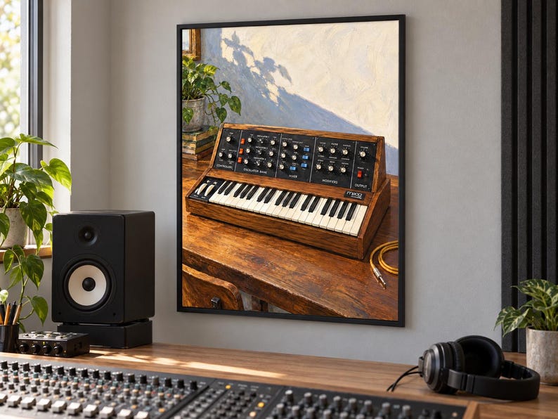 May include: A framed wall art print depicting a vintage Moog synthesiser with a wooden chassis, black control panel, and white keys. The synthesiser sits on a wooden desk next to a yellow audio cable, with a potted plant visible in the background.