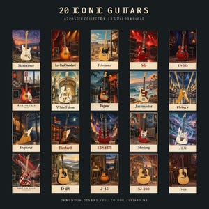 May include: A digital poster collection titled 20 ICONIC GUITARS featuring twenty individual illustrations of various electric and acoustic guitar models, each labelled with its specific name and year, presented in a grid layout on a dark background.