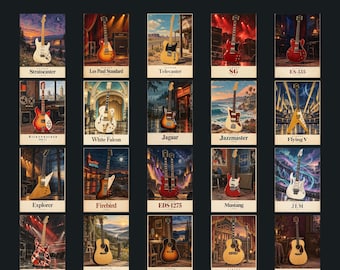 Lot de 20 affiches A2 en couleur représentant des guitares emblématiques, idéal pour décorer vos murs et offrir aux passionnés de guitare (téléchargement numérique).