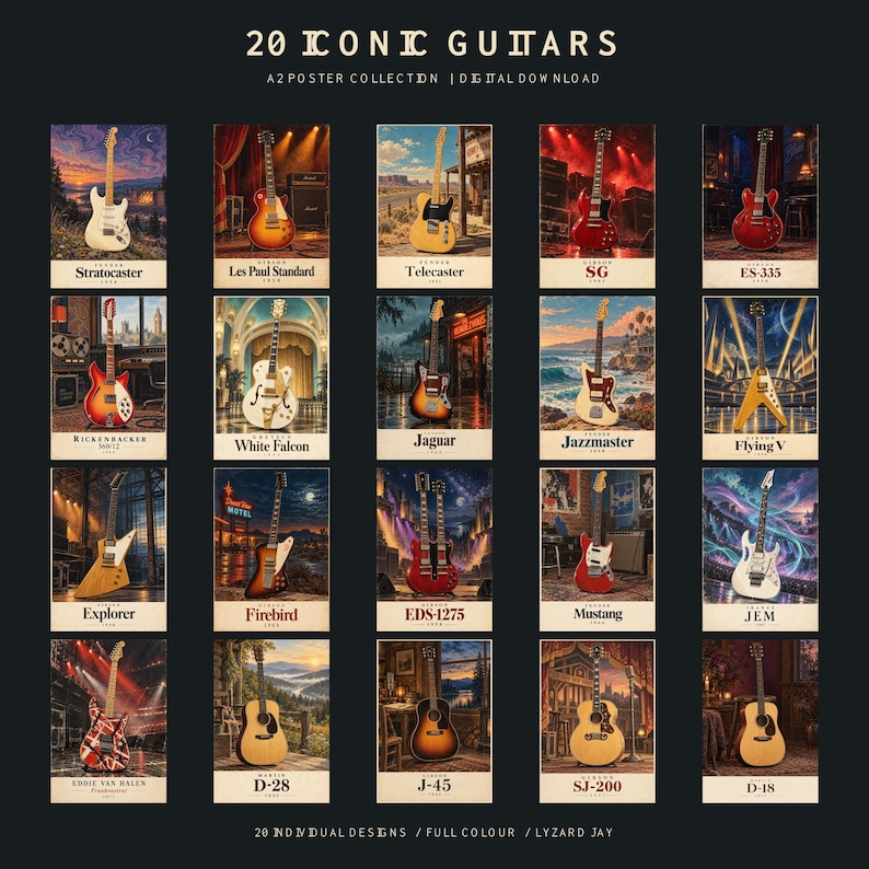 May include: A digital poster collection titled 20 ICONIC GUITARS featuring twenty individual illustrations of various electric and acoustic guitar models, each labelled with its specific name and year, presented in a grid layout on a dark background.