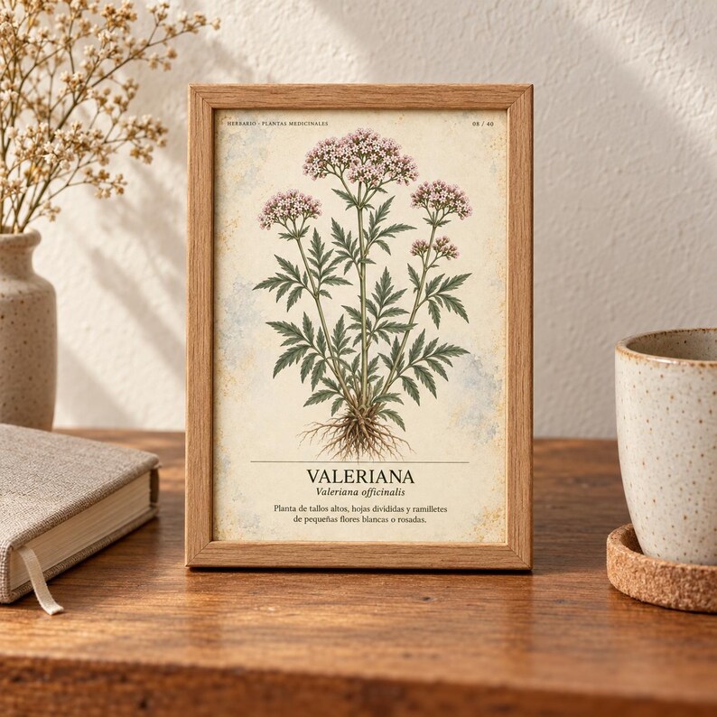 K&ouml;nnte beinhalten: Ein rechteckiger Holzrahmen mit einem botanischen Druck einer Valeriana-Pflanze mit gr&uuml;nen Bl&auml;ttern, Wurzeln und B&uuml;scheln kleiner rosa Bl&uuml;ten. Der Druck enth&auml;lt den Text VALERIANA, Valeriana officinalis und beschreibenden spanischen Text.