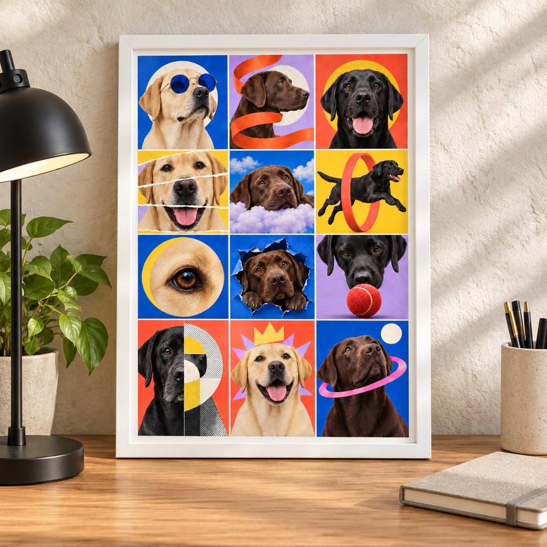 May include: A framed wall art print featuring a grid of nine colourful panels displaying various Labrador retrievers in yellow, chocolate, and black coats. The dogs are shown in diverse poses, including wearing sunglasses, jumping through a hoop, and playing with a red ball.