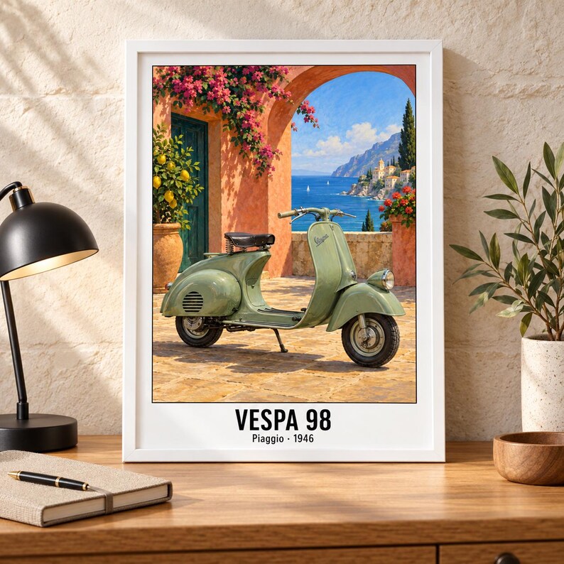 Pu&ograve; includere: Una stampa artistica incorniciata raffigurante uno scooter Vespa 98 verde chiaro parcheggiato su un patio in pietra. Lo sfondo mostra un arco, fiori rosa, un albero di limoni e una vista sul mare. Il testo in basso riporta VESPA 98 Piaggio 1946.