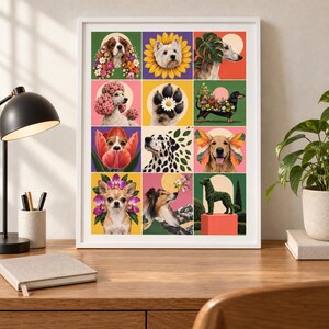 May include: A framed wall art print featuring a grid of twelve colorful illustrations of various dog breeds, including a poodle with flowers, a dalmatian, a golden retriever with butterfly wings, and a dachshund covered in floral patterns.