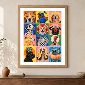 May include: A framed wall art print featuring a grid of twelve colorful illustrations of various dog breeds paired with fruits and flowers, including a beagle with orange slices, a pug with a raspberry, and a French bulldog with a pool float.