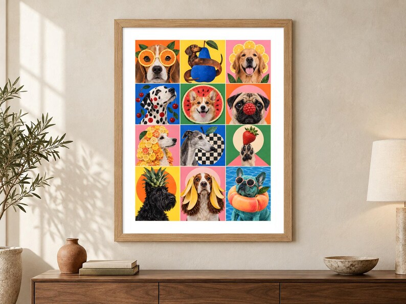 May include: A framed wall art print featuring a grid of twelve colorful illustrations of various dog breeds paired with fruits and flowers, including a beagle with orange slices, a pug with a raspberry, and a French bulldog with a pool float.