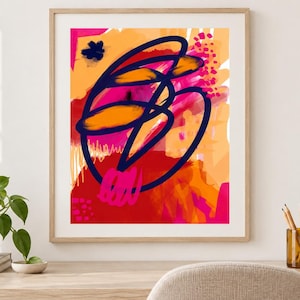 Pu&ograve; includere: Una stampa d'arte astratta incorniciata con un audace disegno a linea continua blu scuro sovrapposto a blocchi vibranti di arancione, rosa acceso e rosso. La composizione include pennellate strutturate e piccoli motivi a punti sullo sfondo.