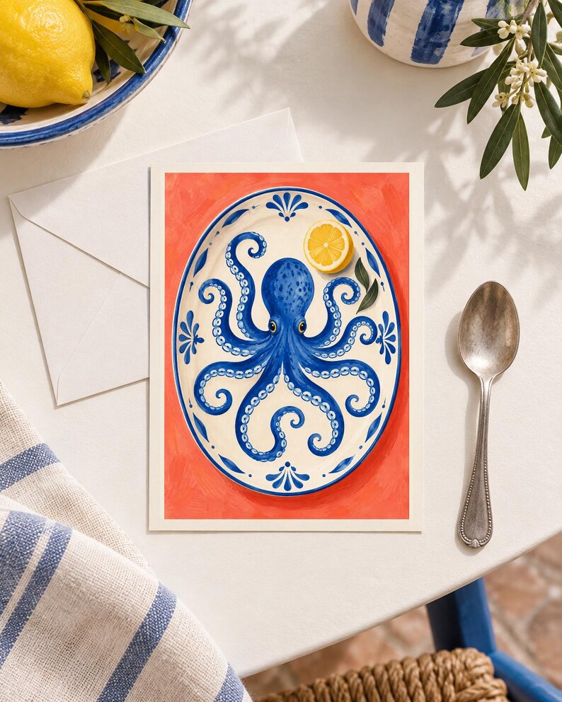 May include: A rectangular art print featuring an illustration of a blue octopus centred on an oval white plate with blue decorative borders. A single yellow lemon slice rests on the plate. The background is a solid, vibrant coral orange colour.
