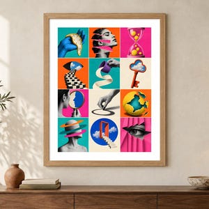 May include: A framed wall art print featuring a grid of twelve surrealist collage images. The artwork displays vibrant colors including orange, pink, and blue, with motifs such as a melting clock, a floating key, a globe, and human eyes and faces.