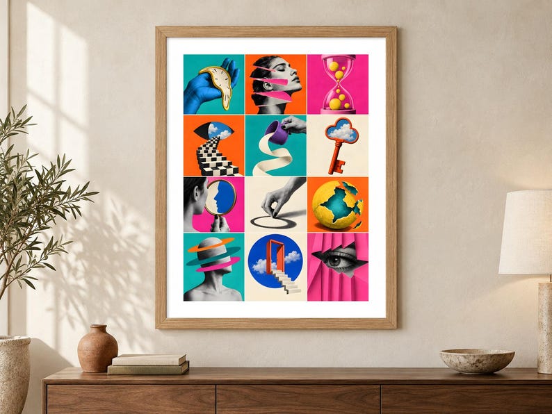 May include: A framed wall art print featuring a grid of twelve surrealist collage images. The artwork displays vibrant colors including orange, pink, and blue, with motifs such as a melting clock, a floating key, a globe, and human eyes and faces.