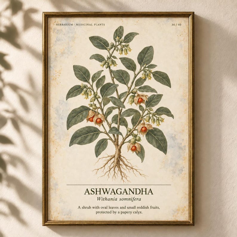May include: A framed botanical print of an Ashwagandha plant, Withania somnifera, featuring green leaves, small yellow flowers, and reddish fruits with papery calyxes. The text reads Herbarium Medicinal Plants 34/40, Ashwagandha, and a description.