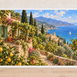 May include: A framed landscape print depicting a sunlit Mediterranean terrace with lemon trees, a stone villa, and a person sitting at a table. The scene overlooks a deep blue sea with sailboats, distant mountains, and a coastal village under a bright sky.