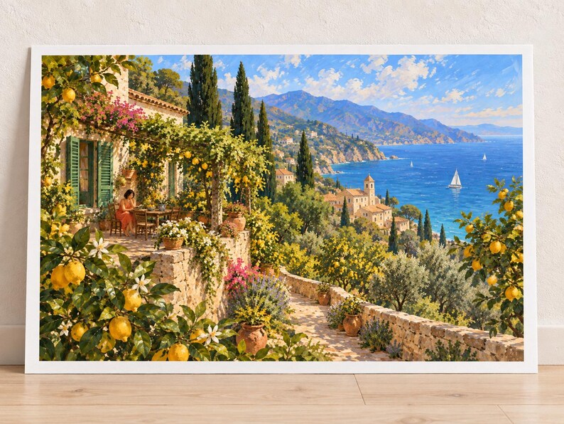 May include: A framed landscape print depicting a sunlit Mediterranean terrace with lemon trees, a stone villa, and a person sitting at a table. The scene overlooks a deep blue sea with sailboats, distant mountains, and a coastal village under a bright sky.