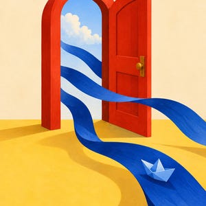 May include: A bright red arched door stands open against a pale yellow wall. A long, flowing blue ribbon resembling a river emerges from the doorway, extending across a yellow floor, with a small, light blue paper boat floating upon it.