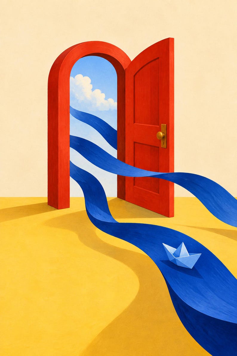 May include: A bright red arched door stands open against a pale yellow wall. A long, flowing blue ribbon resembling a river emerges from the doorway, extending across a yellow floor, with a small, light blue paper boat floating upon it.