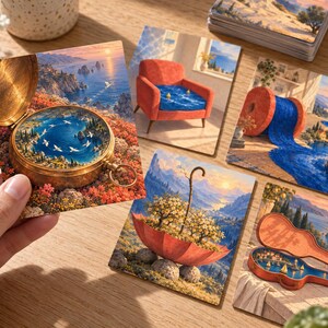Pu&ograve; includere: Un set di cinque stampe artistiche quadrate con paesaggi surreali. Una stampa mostra una bussola contenente un mare con uccelli bianchi, un'altra una poltrona rossa con una seduta d'acqua blu, un rocchetto di filo blu, un ombrello rosso.