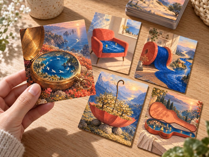 Pu&ograve; includere: Un set di cinque stampe artistiche quadrate con paesaggi surreali. Una stampa mostra una bussola contenente un mare con uccelli bianchi, un'altra una poltrona rossa con una seduta d'acqua blu, un rocchetto di filo blu, un ombrello rosso.