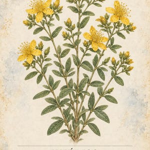 May include: A botanical illustration of a Hypericum perforatum plant featuring bright yellow five-petaled flowers, numerous stamens, and green leaves with small dots. The text reads HERBARIO PLANTAS MEDICINALES 15/40, HIP&Eacute;RICO, and Hypericum perforatum.