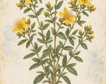 St Johns Wort Botanical Print, Hipérico Herbarium Art, English & Spanish Plant Poster, Digital Download