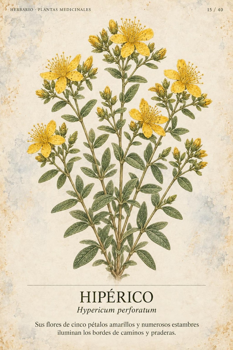 May include: A botanical illustration of a Hypericum perforatum plant featuring bright yellow five-petaled flowers, numerous stamens, and green leaves with small dots. The text reads HERBARIO PLANTAS MEDICINALES 15/40, HIP&Eacute;RICO, and Hypericum perforatum.