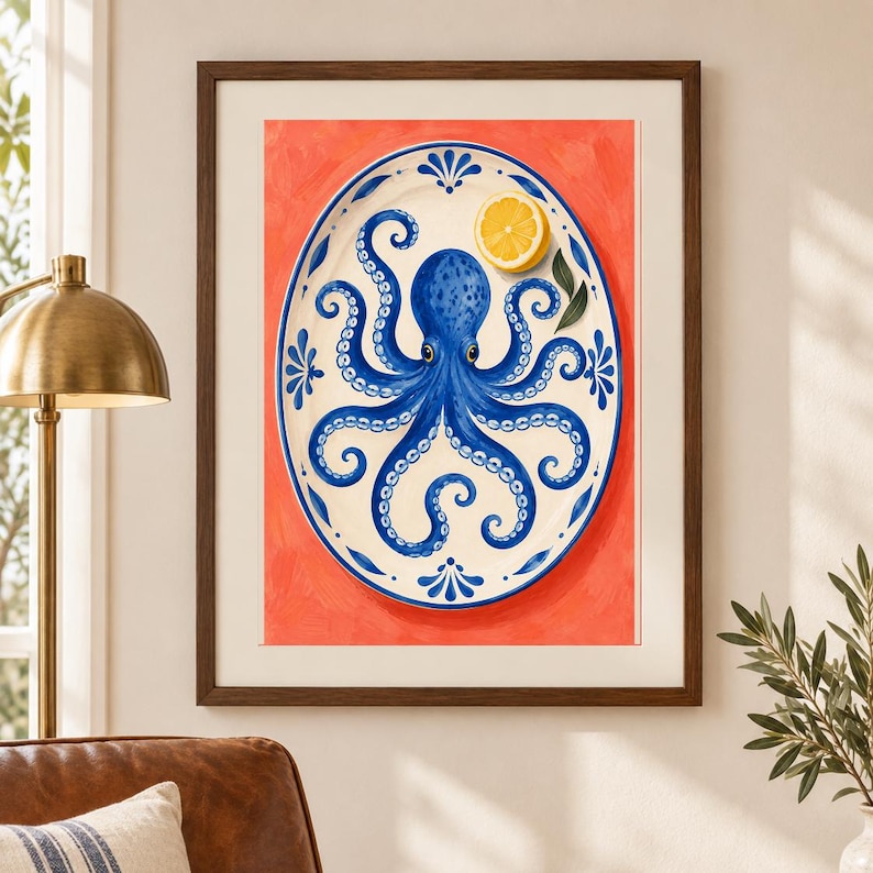 May include: A framed wall art print featuring an oval white platter with a blue octopus illustration and a yellow lemon slice. The platter has a blue decorative border and is set against a solid, vibrant orange background within a dark wood frame.